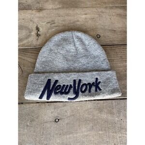 New York Cuffed Beanie Hat‎ Grey And Navy Embroidered New York Cap